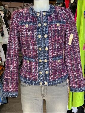 White House Black Market Pink & Navy Tweed Button-Front Blazer